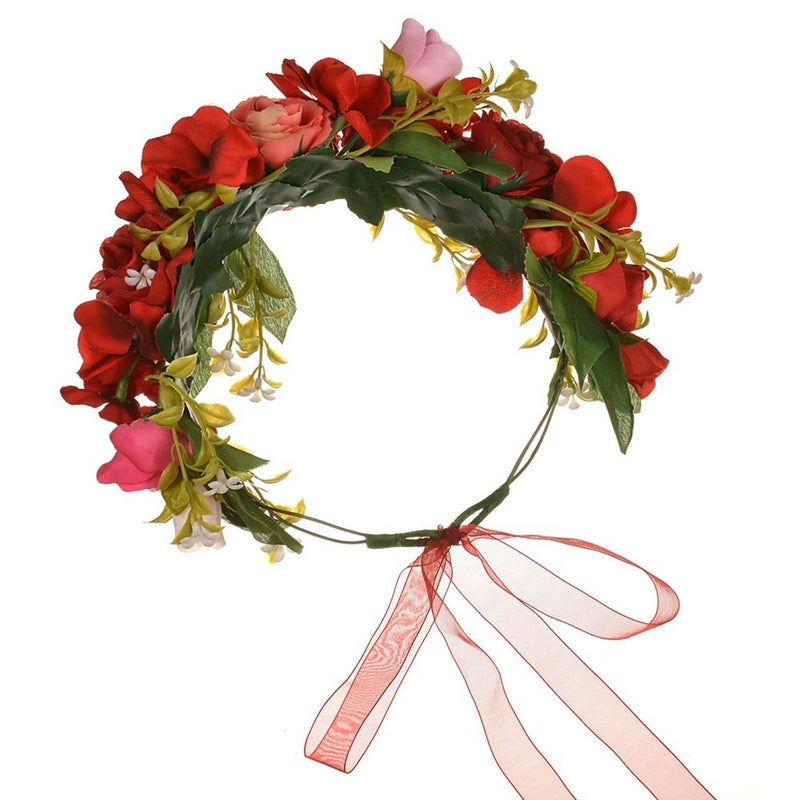 Vivivalue Rose Flower Crown Boho Flower Headband Hair Wreath Floral Headpiece Halo with Ribbon Wedding Party Festival Photos Red - Image 4